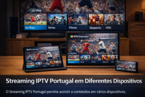 IPTV Portugal numa sala de estar moderna com televisão ligada a streaming