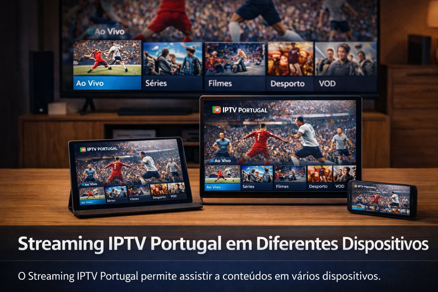 IPTV Portugal numa sala de estar moderna com televisão ligada a streaming