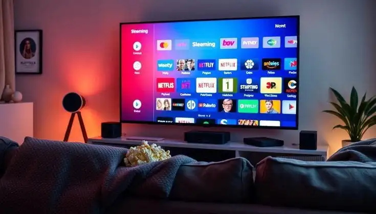 Ecrã de televisão moderno a exibir canais IPTV Portugal em alta definição numa sala de estar portuguesa