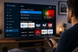 Interface do TiviMate a reproduzir lista IPTV Portugal num dispositivo Android com canais portugueses visíveis no ecrã