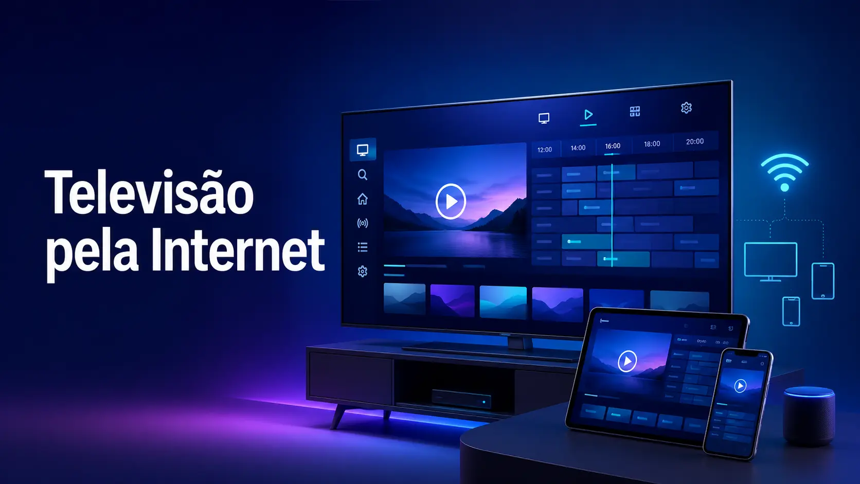 Televisão pela Internet num Smart TV, telemóvel e tablet com canais e guia de programação