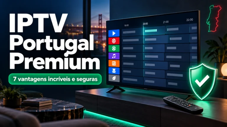 IPTV Portugal Premium num Smart TV com guia de canais, comando e símbolo de segurança