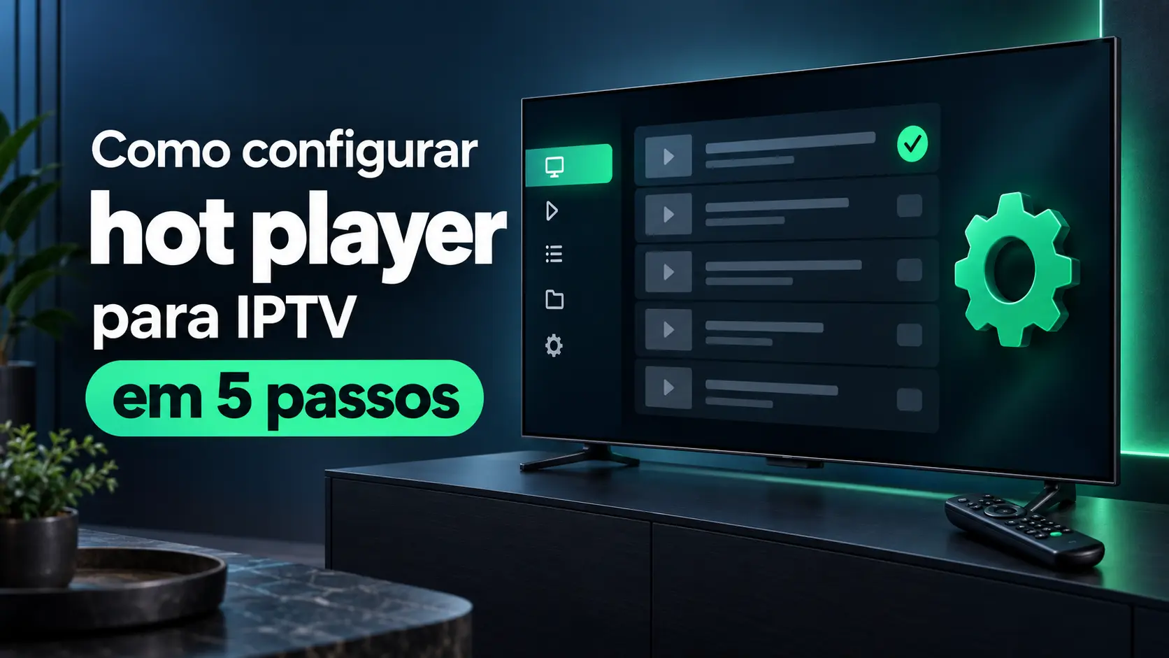 Televisor com lista ilustrativa, símbolo de definições e comando, num guia de configuração do hot player