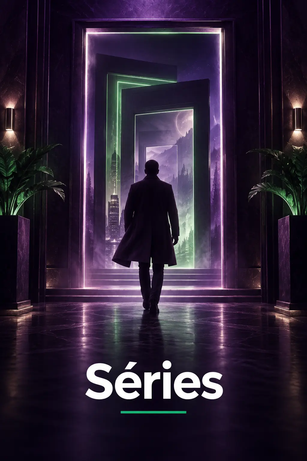 Silhueta diante de portas iluminadas numa ilustração da categoria Séries.