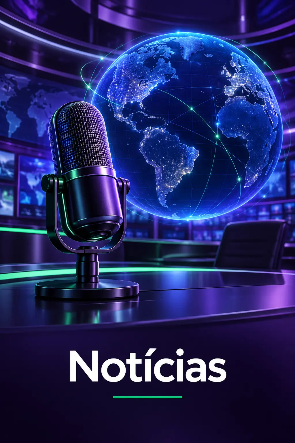 Globo iluminado e microfone numa ilustração da categoria Notícias.