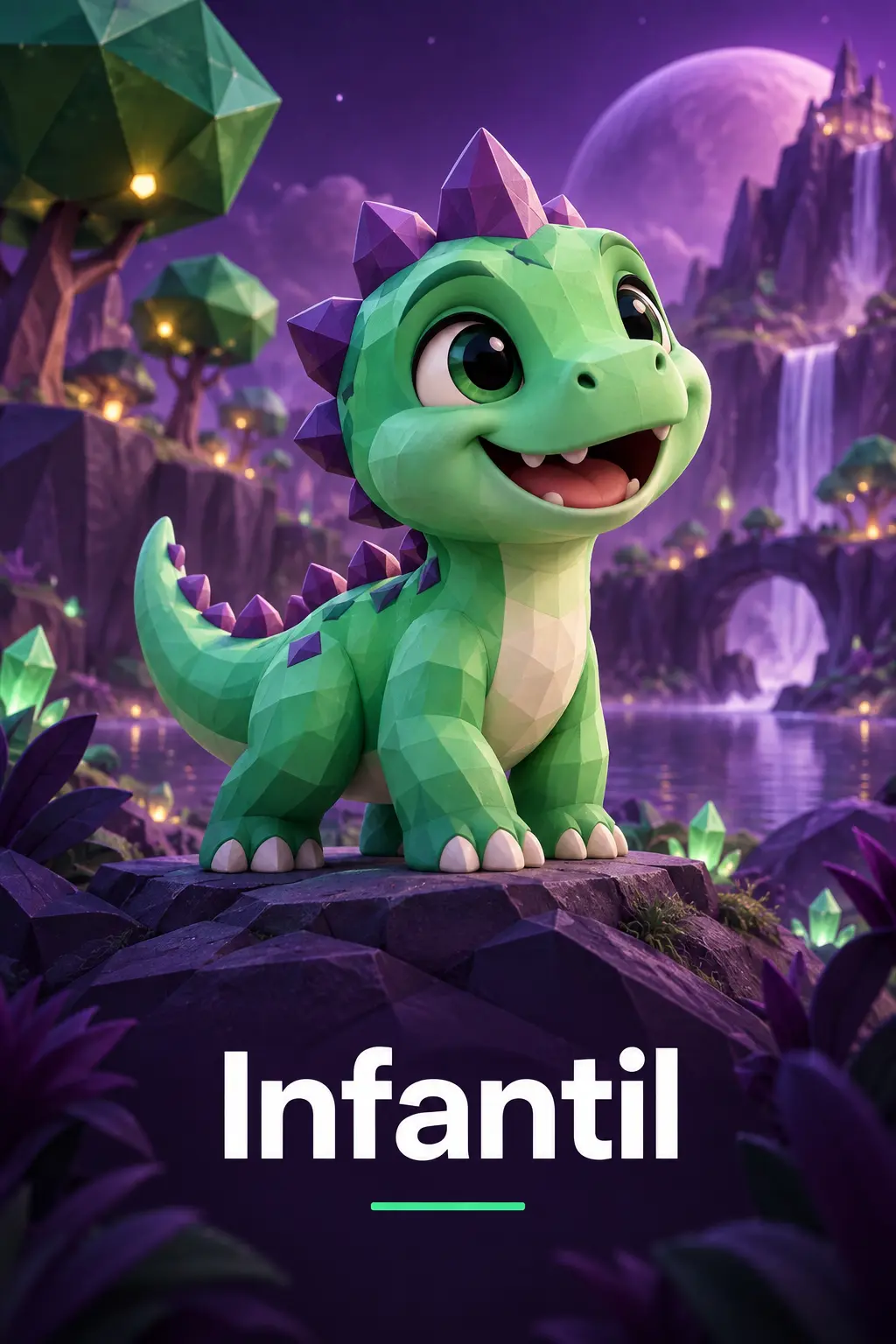 Pequeno dinossauro verde num cenário fantástico na categoria Infantil.