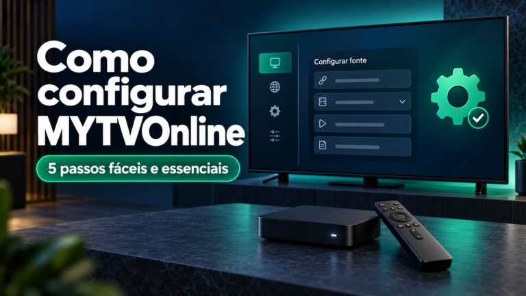 Como configurar MYTVOnline: televisor com interface ilustrativa, símbolo de definições, box e comando