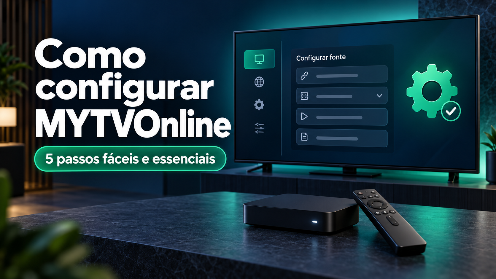 Como configurar MYTVOnline: televisor com interface ilustrativa, símbolo de definições, box e comando