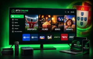 Lista de canais IPTV Portugal — imagem da IPTV Online Portugal com televisão, categorias de canais e dispositivos