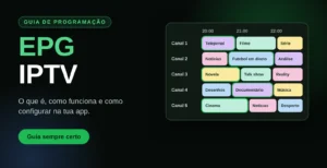 EPG IPTV: guia de programação com canais e horários numa grelha
